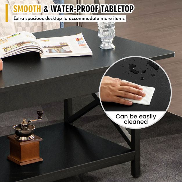 2-Tier Industrial Coffee Table with Storage Shelf, Black