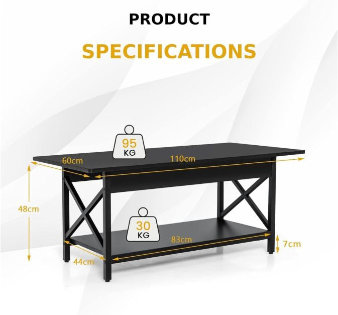 2-Tier Industrial Coffee Table with Storage Shelf, Black