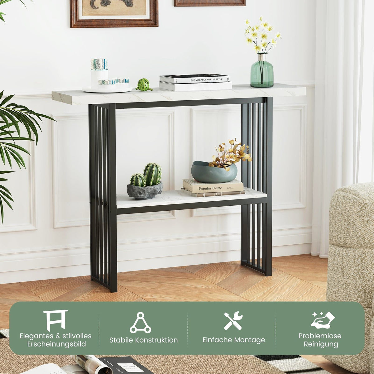 2-Tier Marble Console Table, Black & White, 120cm