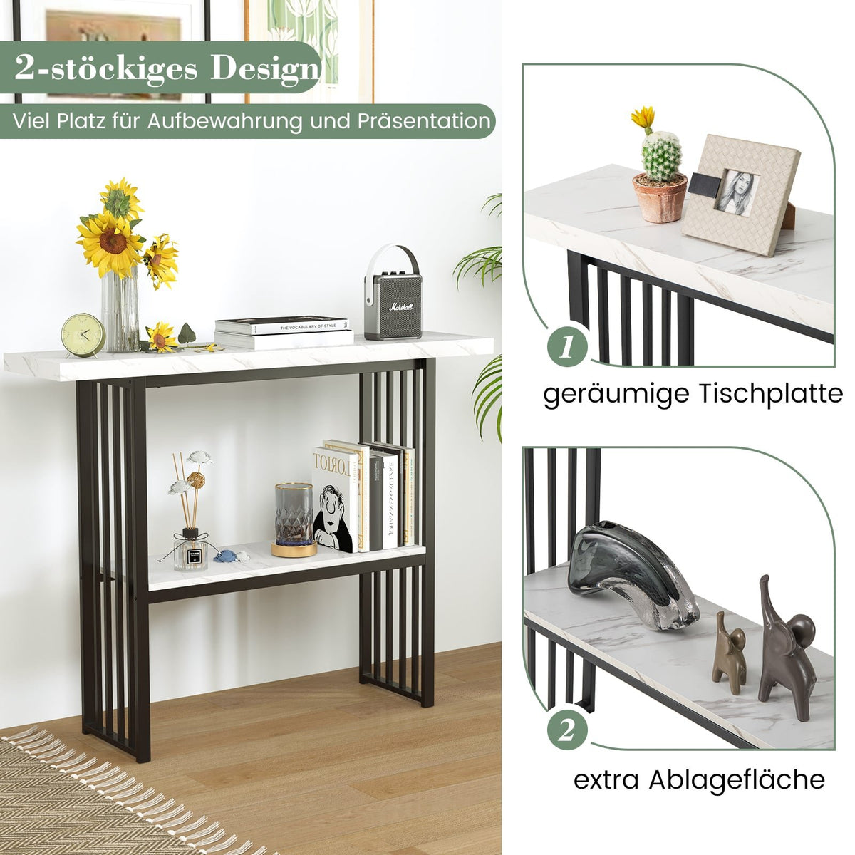 2-Tier Marble Console Table, Black & White, 120cm