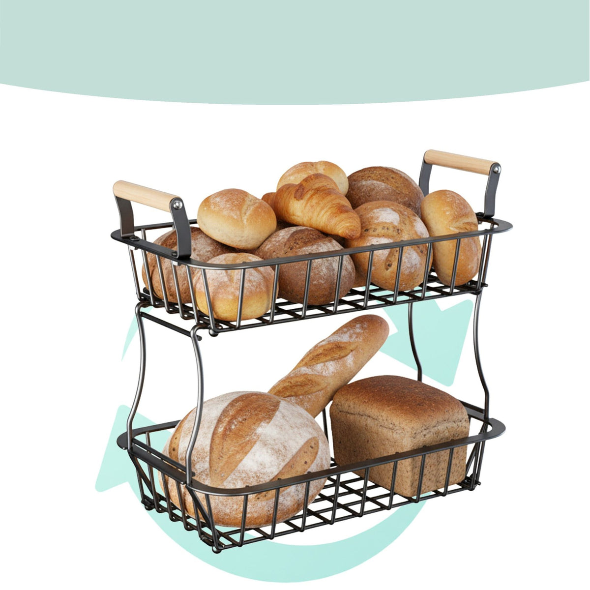 2-Tier Metal Fruit Basket with Wooden Handles