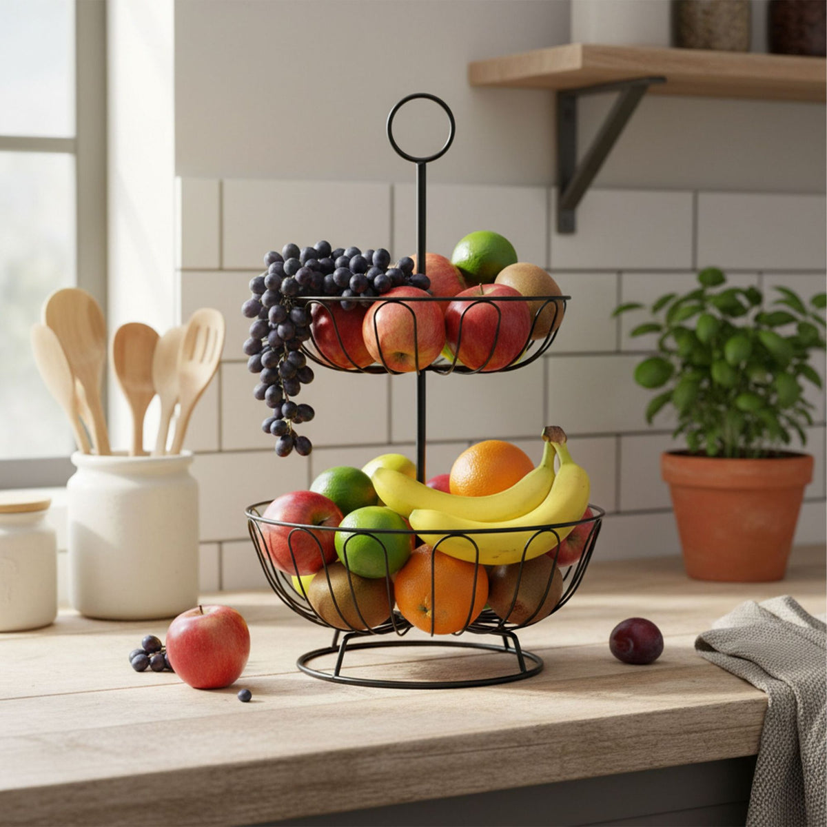 2-Tier Metal Fruit Stand with Open Baskets