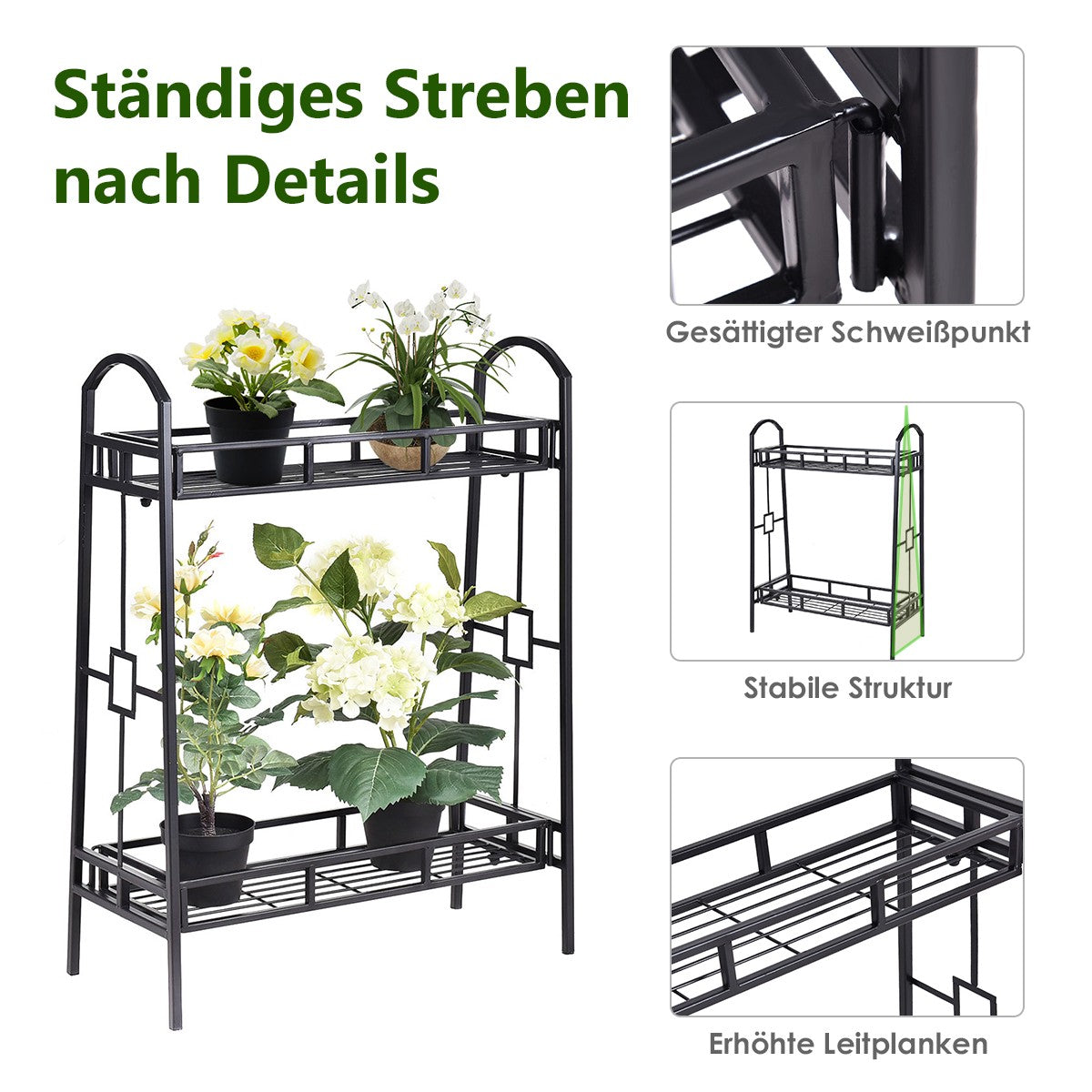 2-Tier Metal Plant Stand, Black Steel Indoor Outdoor