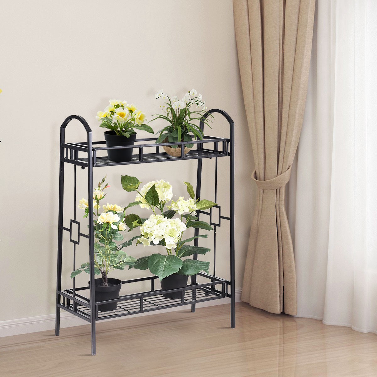2-Tier Metal Plant Stand, Black Steel Indoor Outdoor