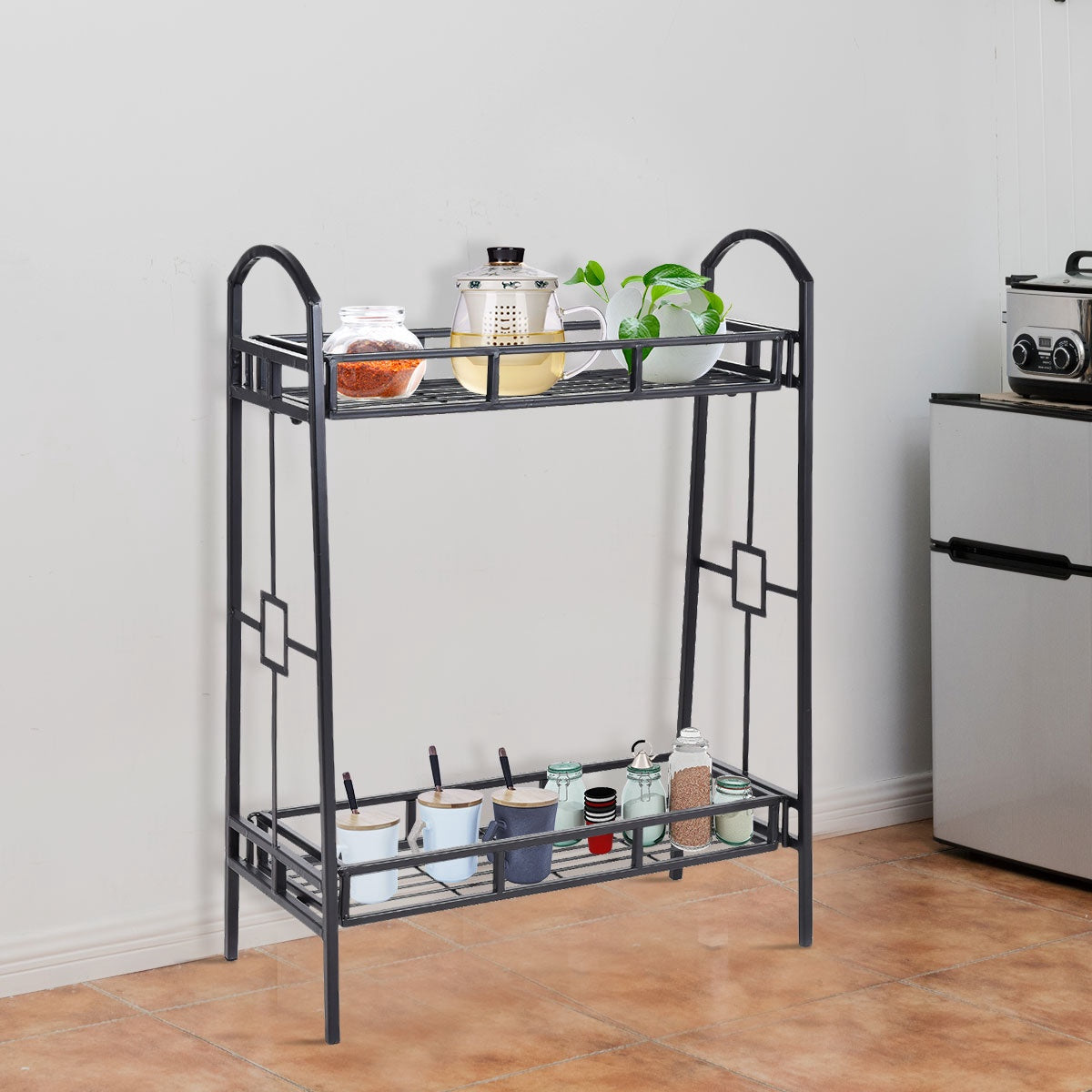 2-Tier Metal Plant Stand, Black Steel Indoor Outdoor