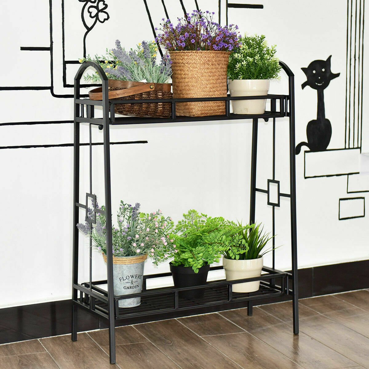 2-Tier Metal Plant Stand, Black Steel Indoor Outdoor