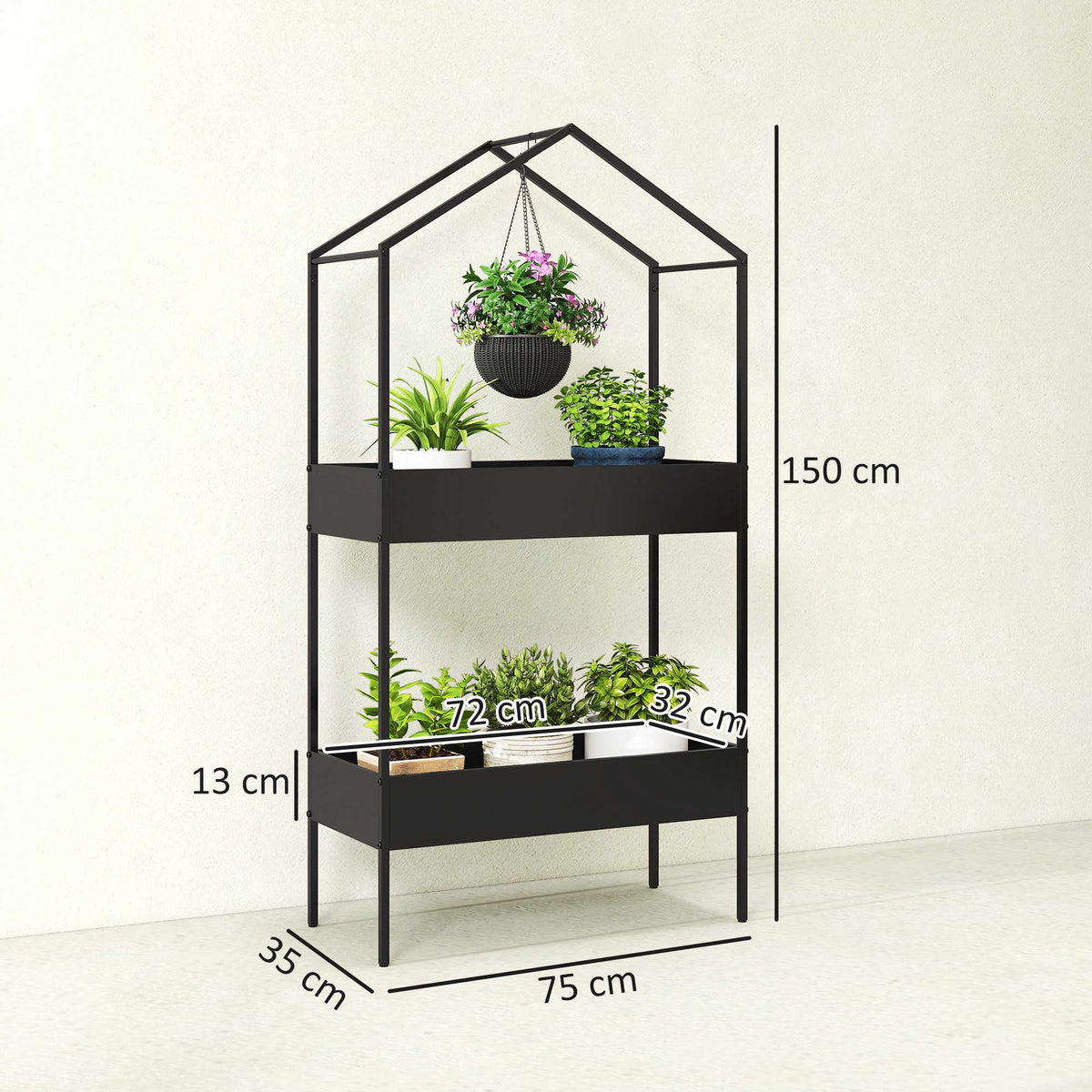 2-Tier Metal Plant Stand with Hook, 150 cm Tall, Black