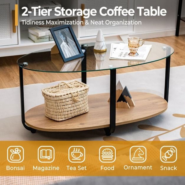 2-Tier Oval Coffee Table – Tempered Glass Top, Wood Shelf