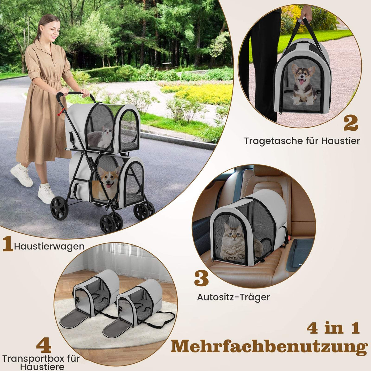 2-Tier Pet Stroller, 16kg Capacity, Grey, Mesh Windows