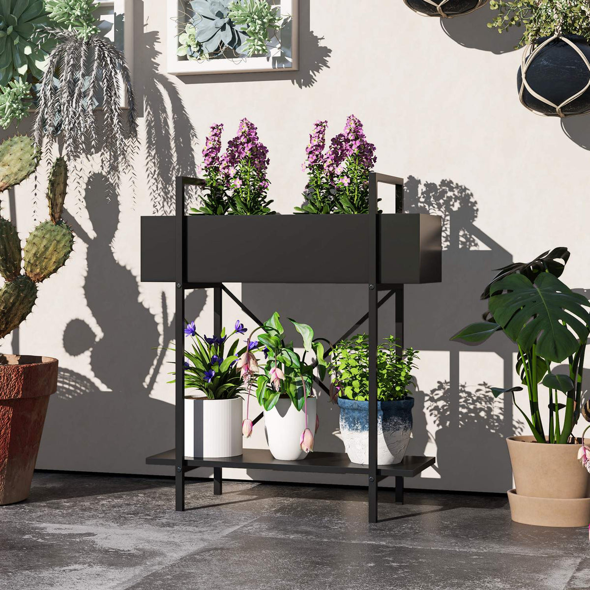 2-Tier Plant Stand, Flower Stand for Indoor Outdoor Use, Metal Plant Shelf, Multi-Tier Flower Shelf, 70 cm High Flower Stairs for Living Room, Garden Balcony Decoration, Black