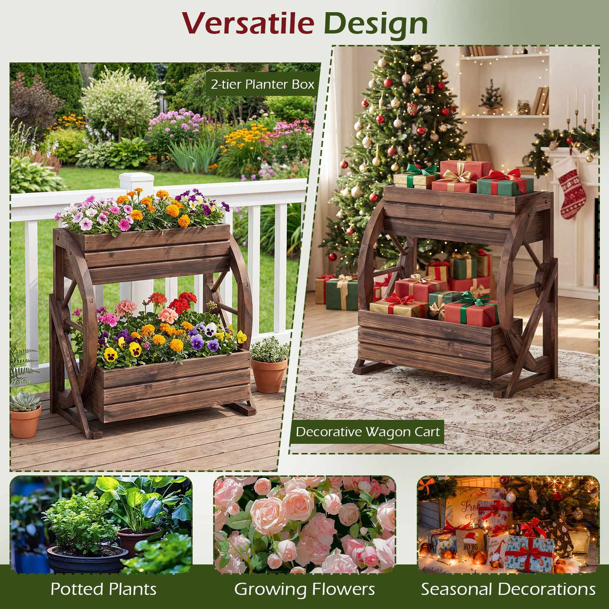 2-Tier Raised Wagon Planter, Fir Wood, Drainage Holes