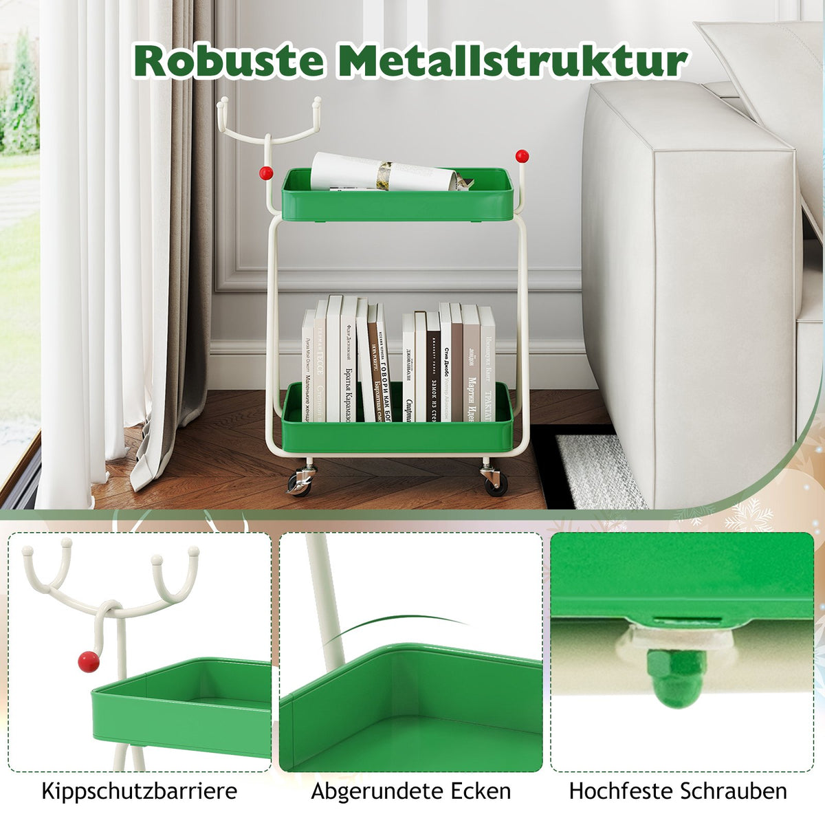 2-Tier Reindeer Kitchen Cart – Green, Metal, Festive Design