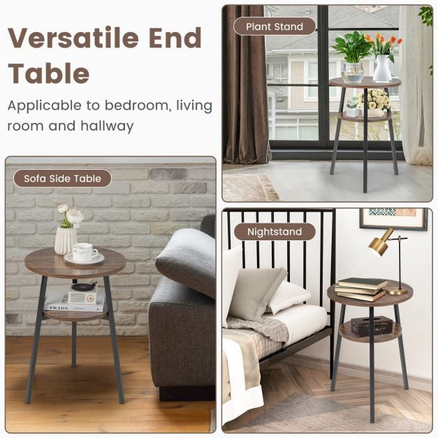 2-Tier Round End Table, Open Shelf, Metal Frame, Brown