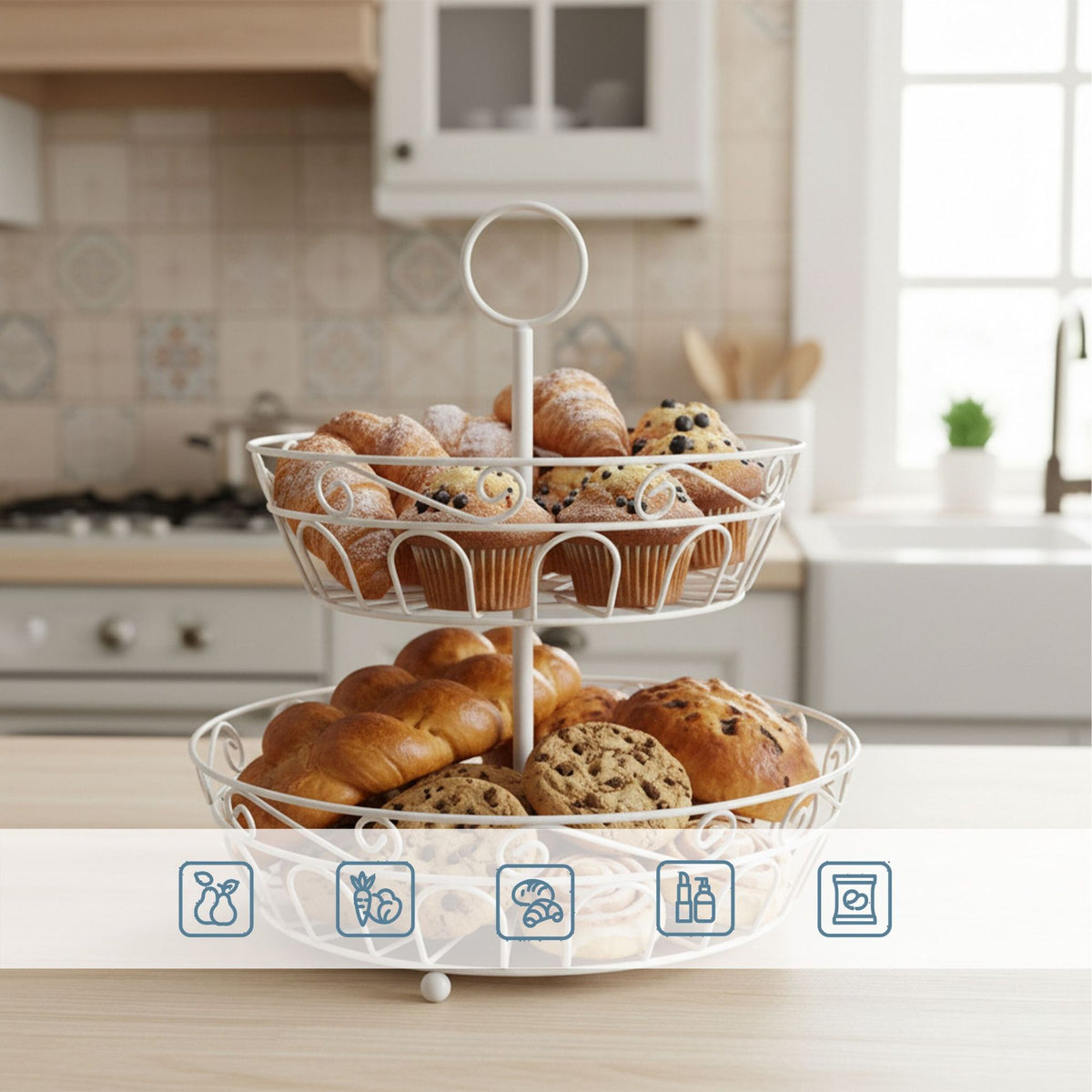 2-Tier Round Fruit Bowl Stand – Open Lattice Design