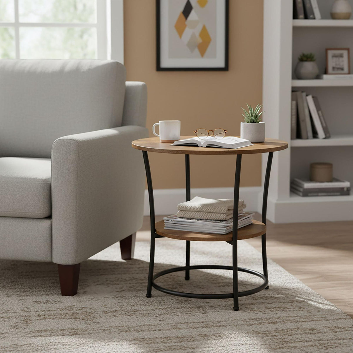 2-Tier Side Table, Wood-Effect Top, Metal Frame