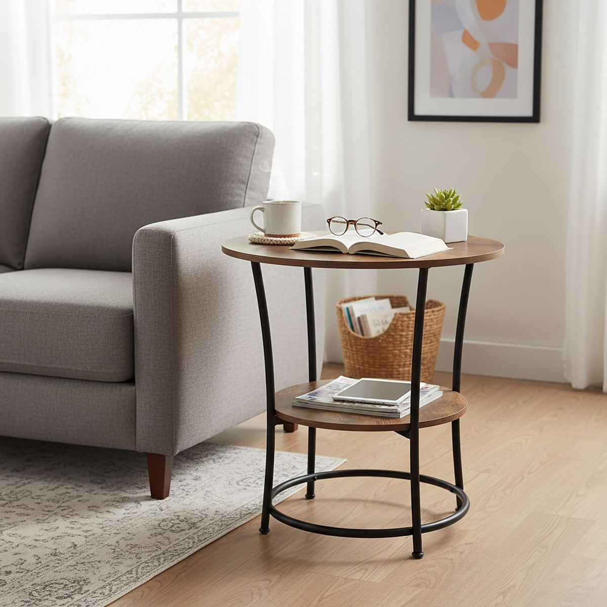 2-Tier Side Table, Wood-Effect Top, Metal Frame