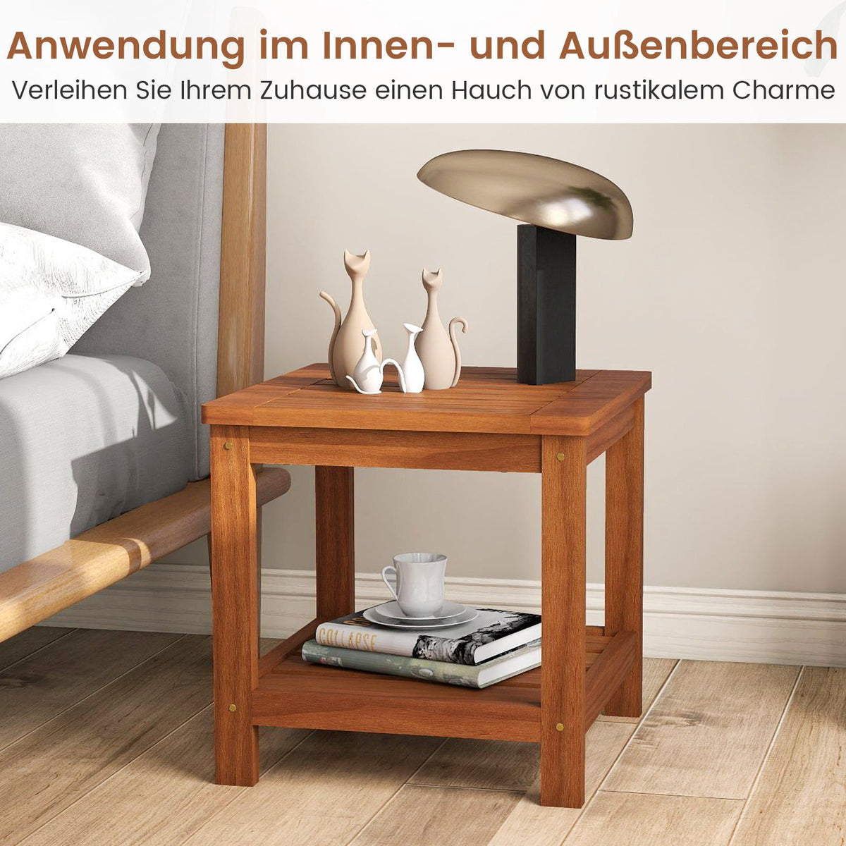 2-Tier Solid Wood Side Table with Shelf, Natural Finish