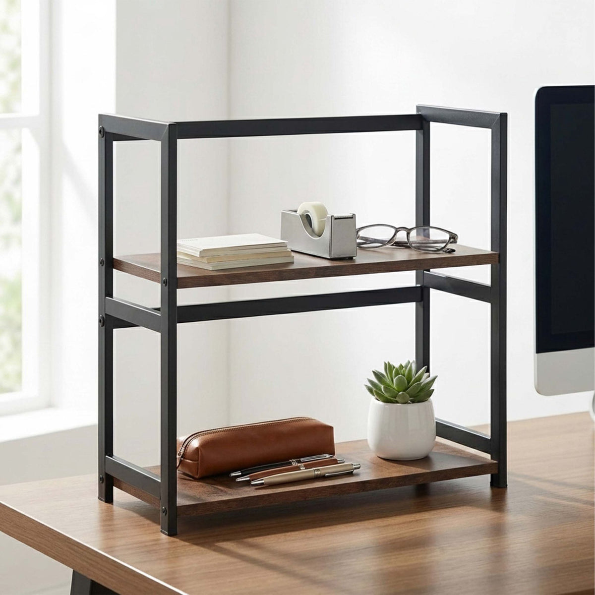 2-Tier Spice Rack Shelf, MDF and Iron, Brown/Black