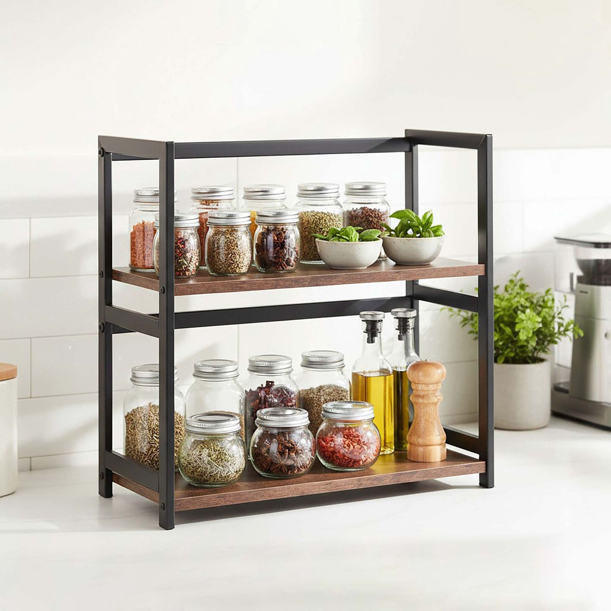 2-Tier Spice Rack Shelf, MDF and Iron, Brown/Black
