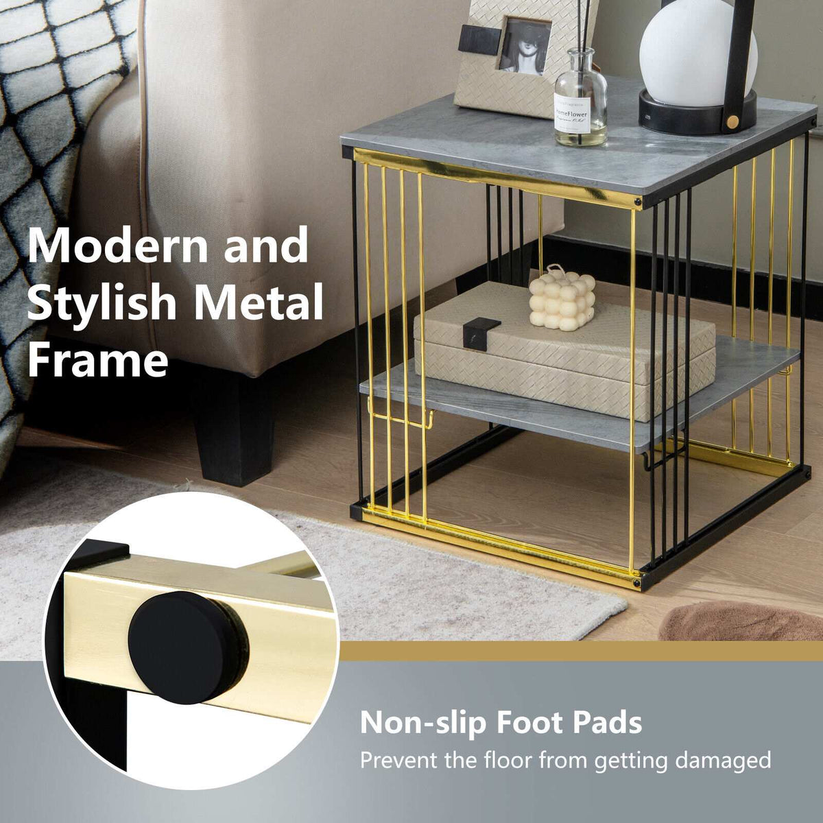 2-Tier Square End Table – Metal Frame, Removable Shelf