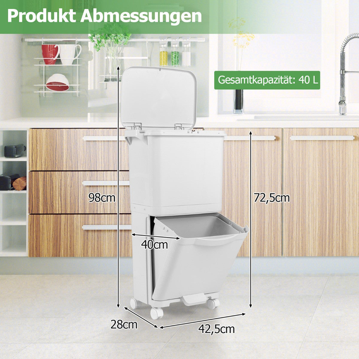 2-Tier Trash Bin with Lid & Lockable Wheels, 40L Capacity