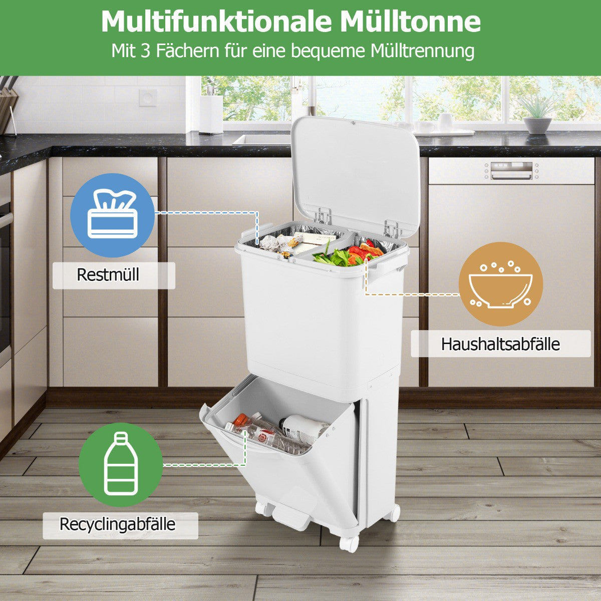 2-Tier Trash Bin with Lid & Lockable Wheels, 40L Capacity