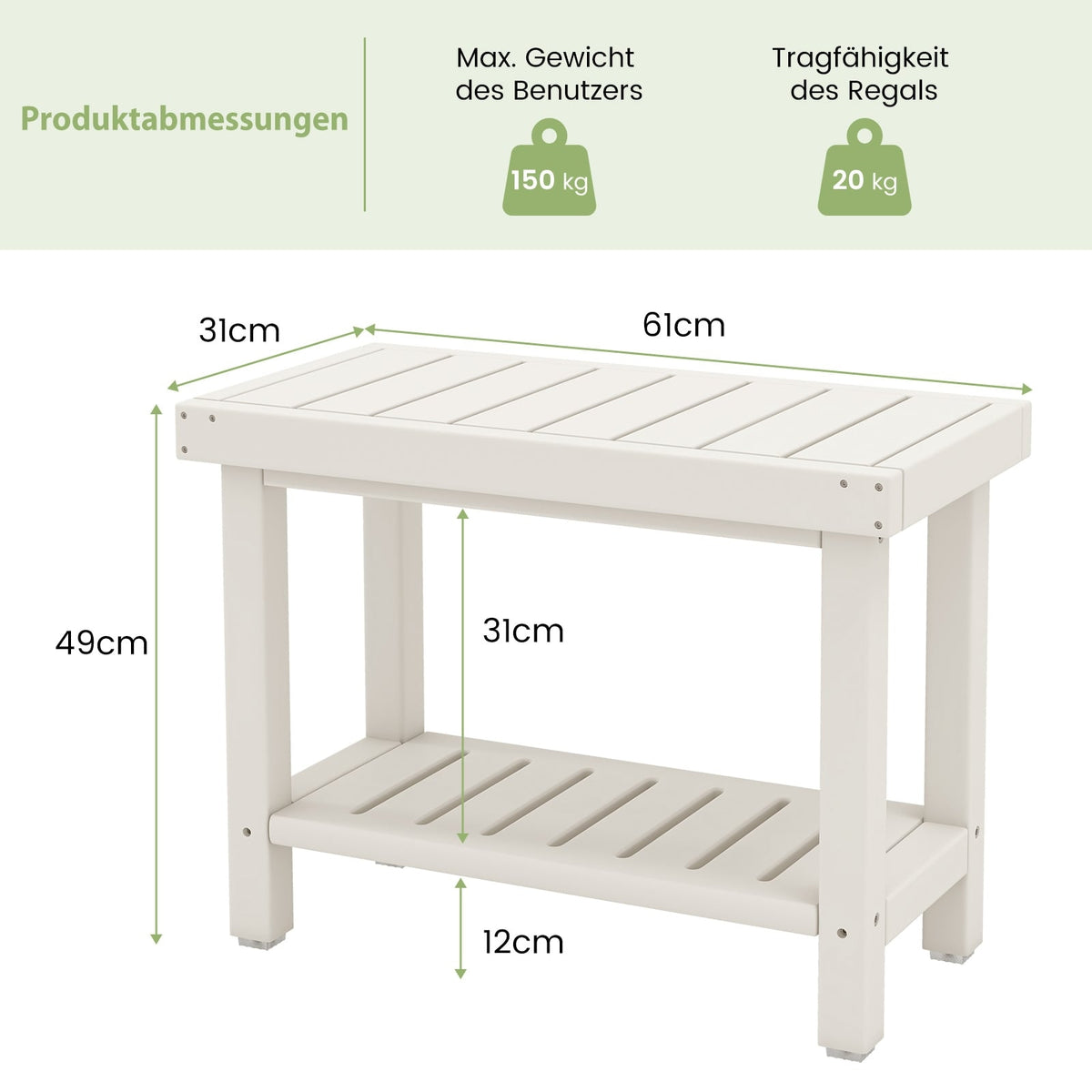 2-Tier Waterproof Shower Bench with Storage, White