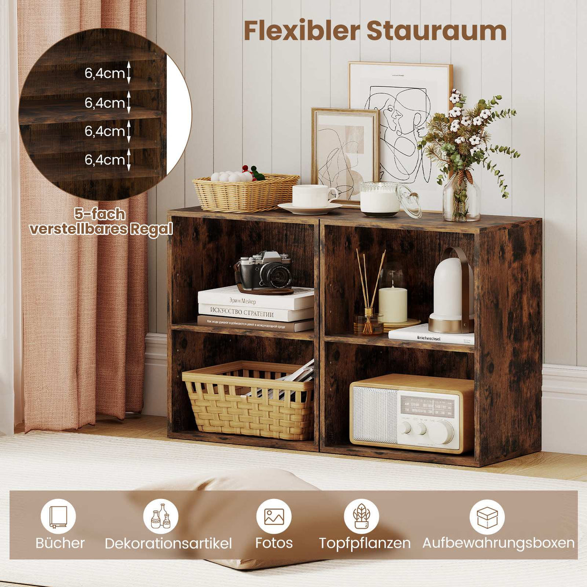 2-Tier Wooden Bookshelf, Adjustable Shelves, Rustic Brown