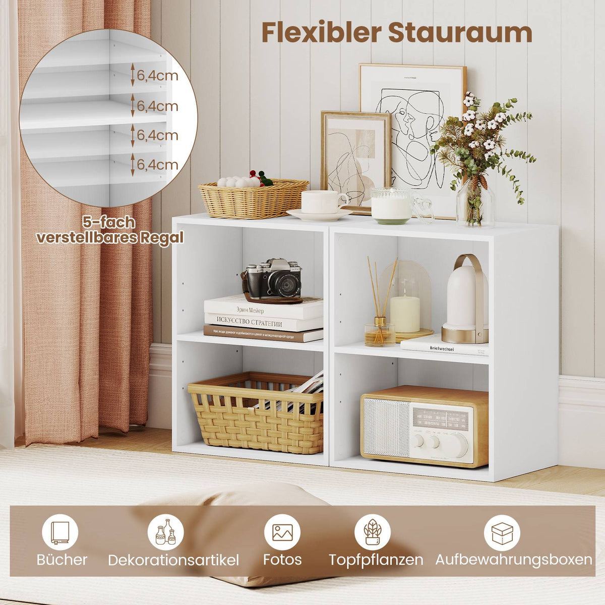 2-Tier Wooden Bookshelf, Adjustable Shelves, White, 42x29.5x53.5 cm