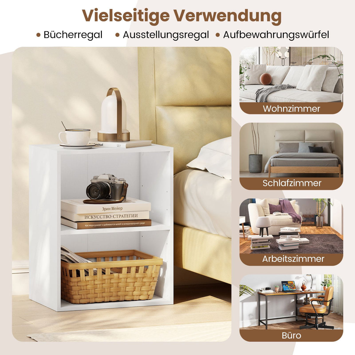 2-Tier Wooden Bookshelf, Adjustable Shelves, White, 42x29.5x53.5 cm