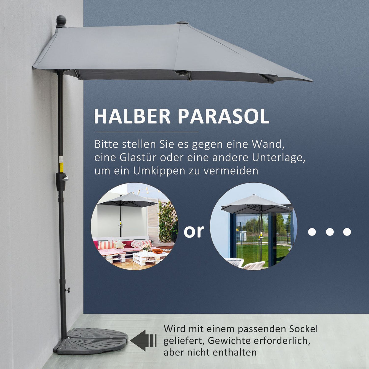 2 X 2 M Parasol Half-Round Parasol Balcony Umbrella With Holder Waterproof For Garden Terraces Yards 100% Polyester Dark Grey