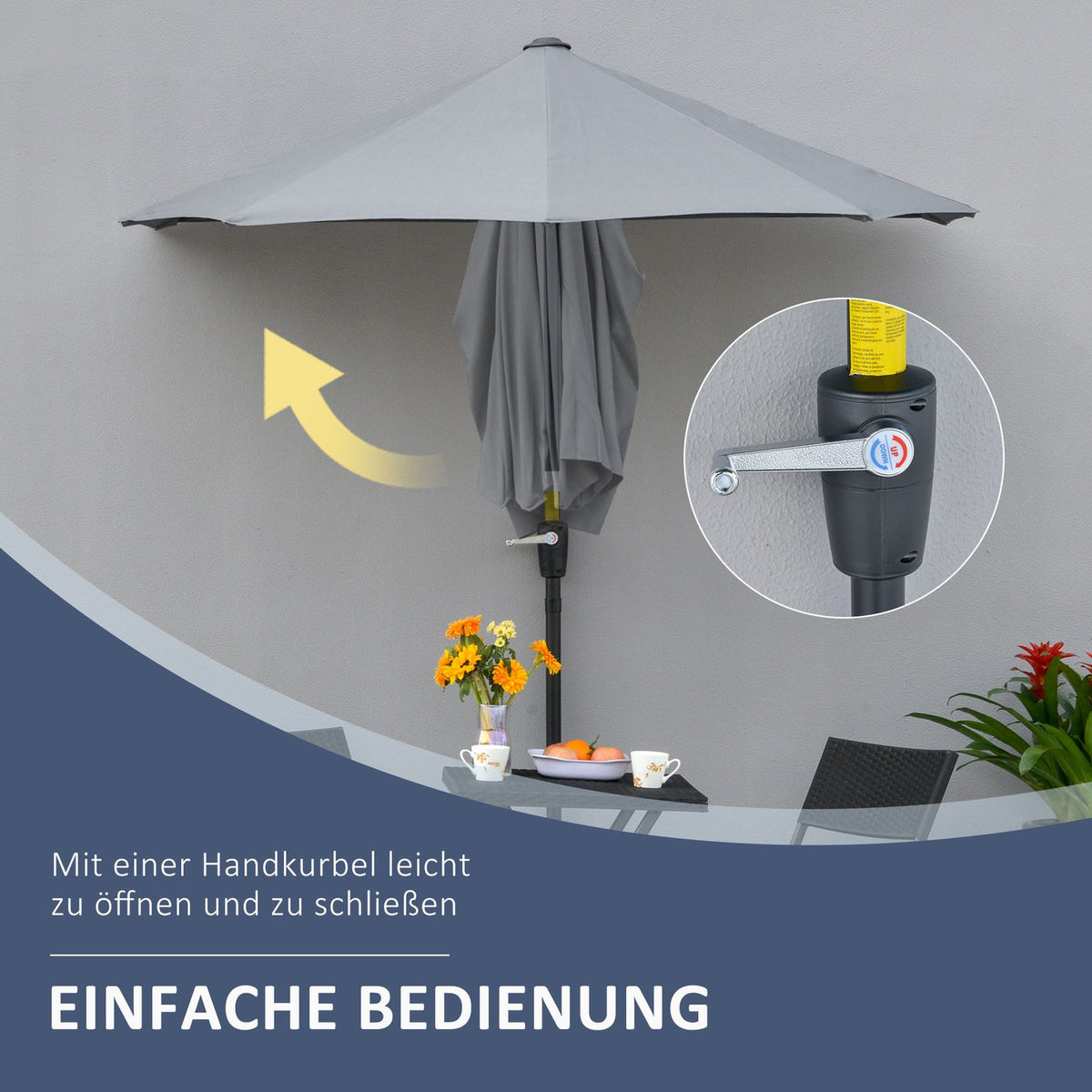 2 X 2 M Parasol Half-Round Parasol Balcony Umbrella With Holder Waterproof For Garden Terraces Yards 100% Polyester Dark Grey