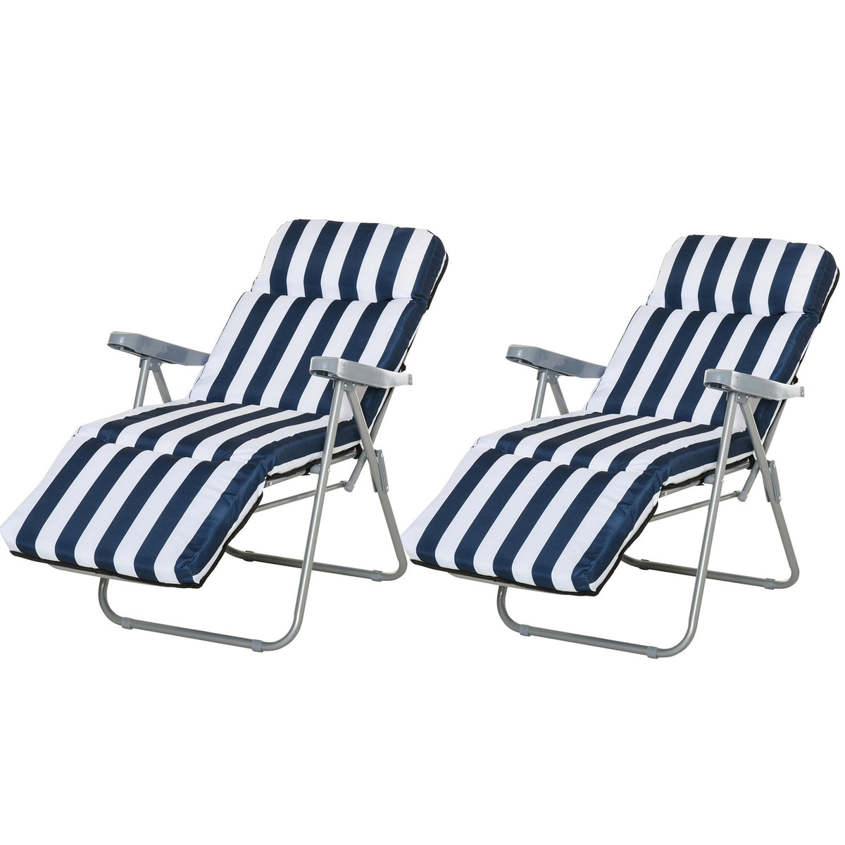 2 X Folding Chairs Garden Chair Sun Lounger Armrest Foldable 5 Positions Cushion Blue 60 X 75 X 102 Cm