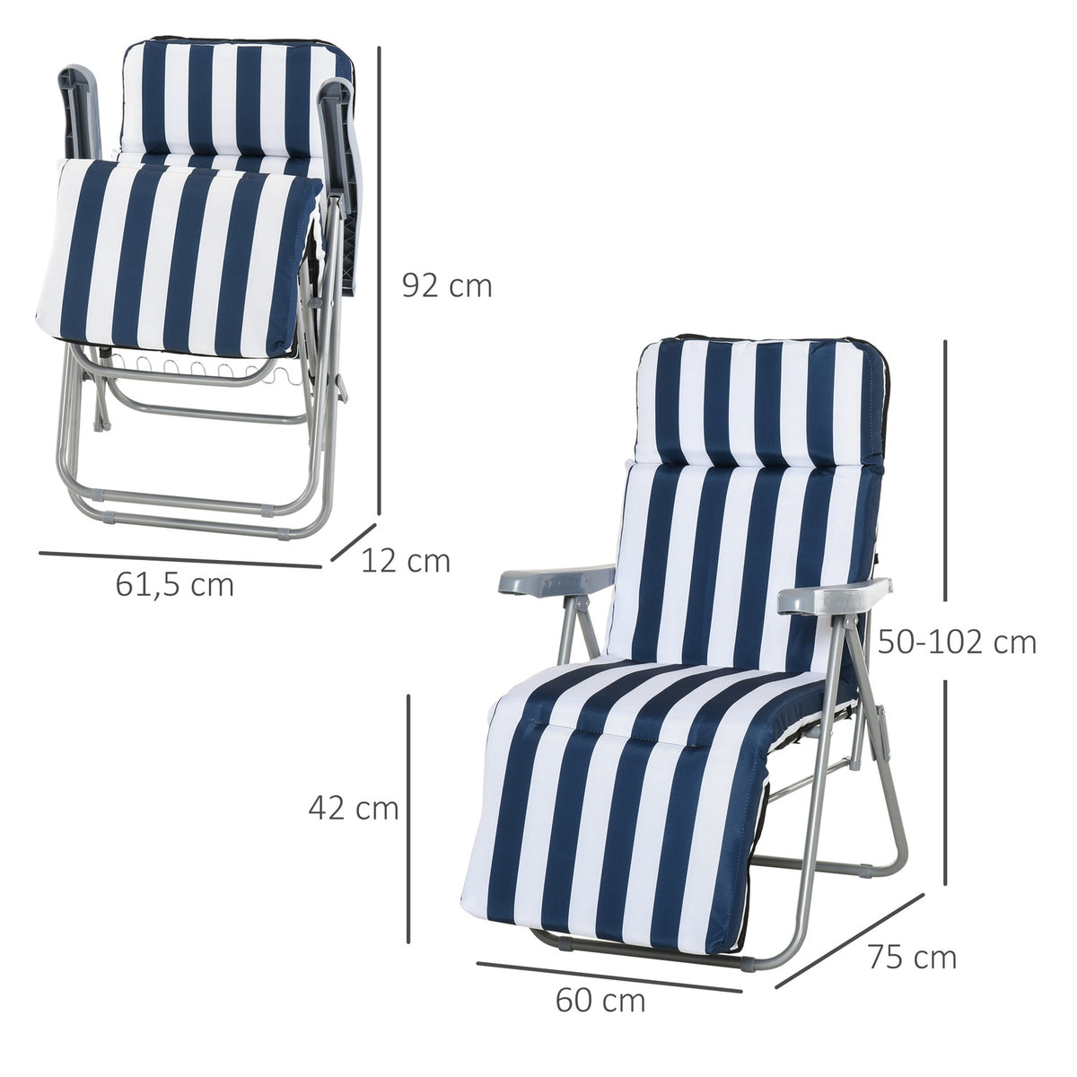 2 X Folding Chairs Garden Chair Sun Lounger Armrest Foldable 5 Positions Cushion Blue 60 X 75 X 102 Cm