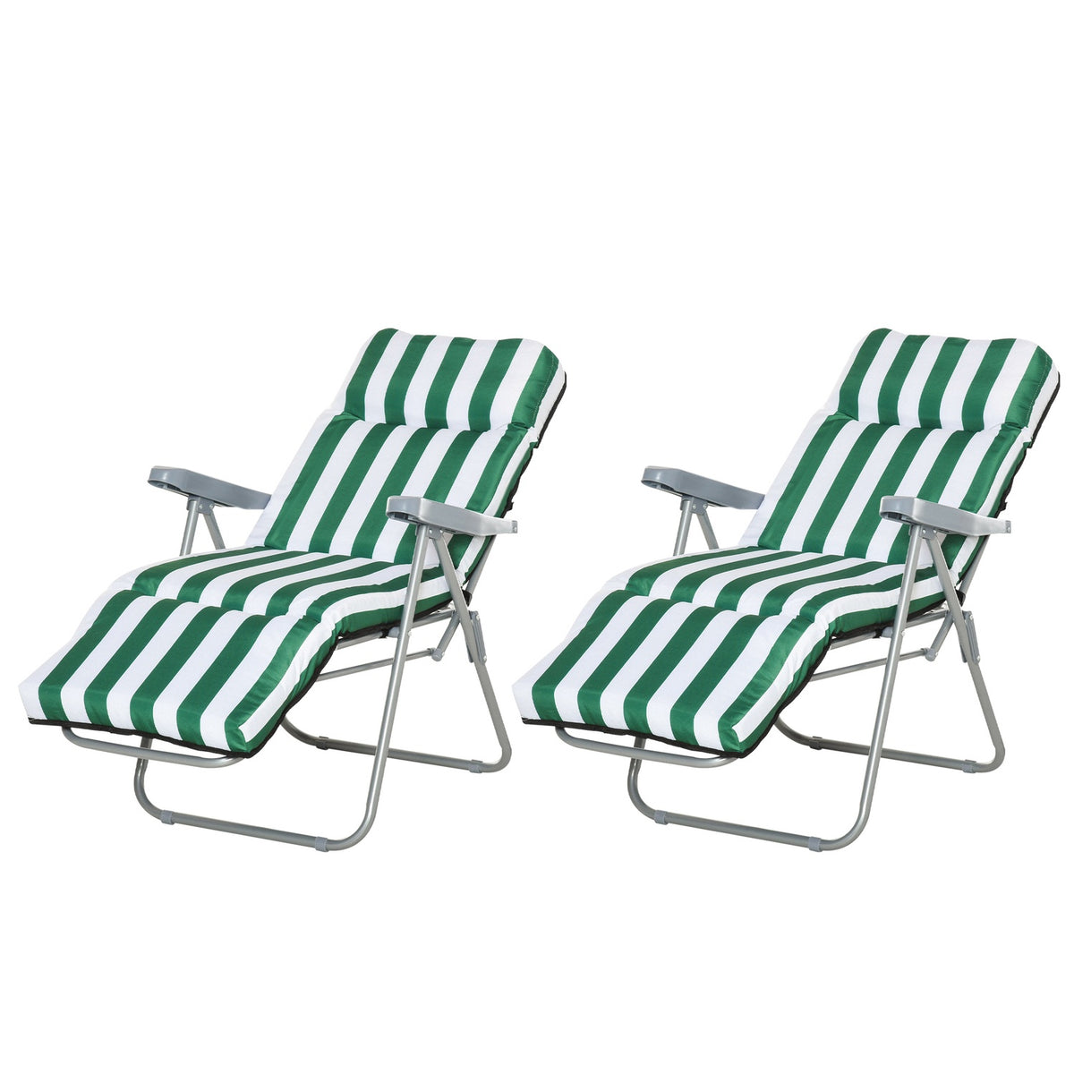 2 X Folding Chairs Garden Chair Sun Lounger Armrest Foldable 5 Positions Cushion Green + White 60 X 75 X 102 Cm