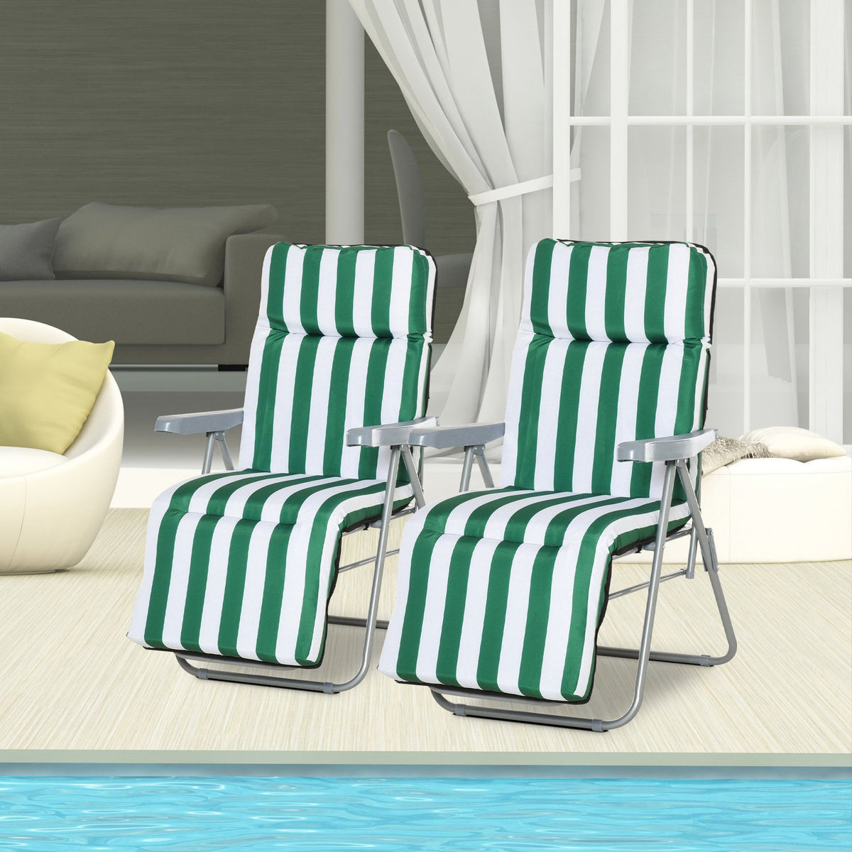 2 X Folding Chairs Garden Chair Sun Lounger Armrest Foldable 5 Positions Cushion Green + White 60 X 75 X 102 Cm