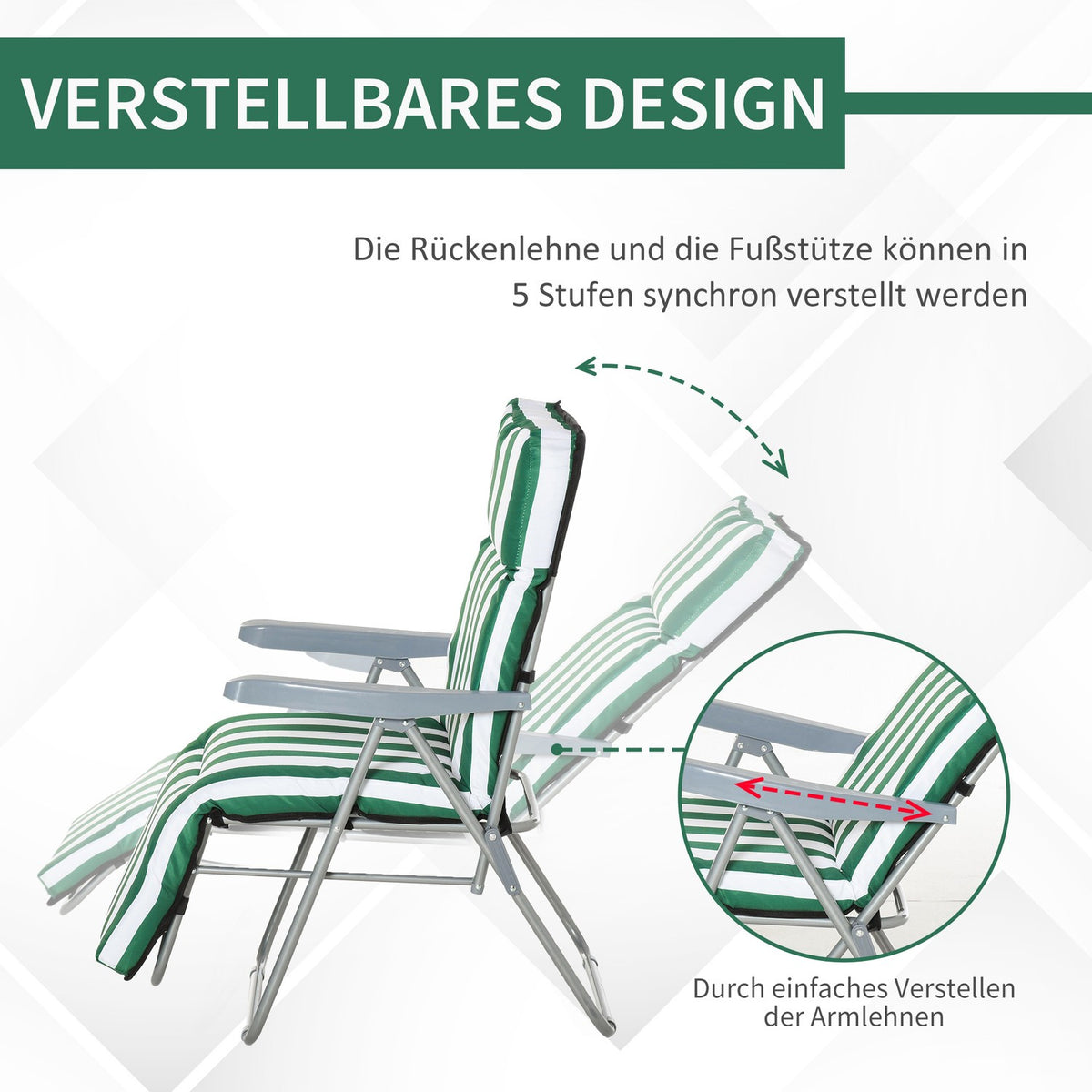 2 X Folding Chairs Garden Chair Sun Lounger Armrest Foldable 5 Positions Cushion Green + White 60 X 75 X 102 Cm