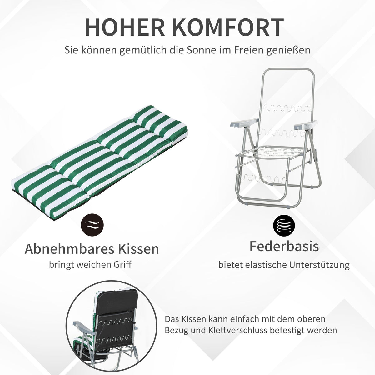2 X Folding Chairs Garden Chair Sun Lounger Armrest Foldable 5 Positions Cushion Green + White 60 X 75 X 102 Cm