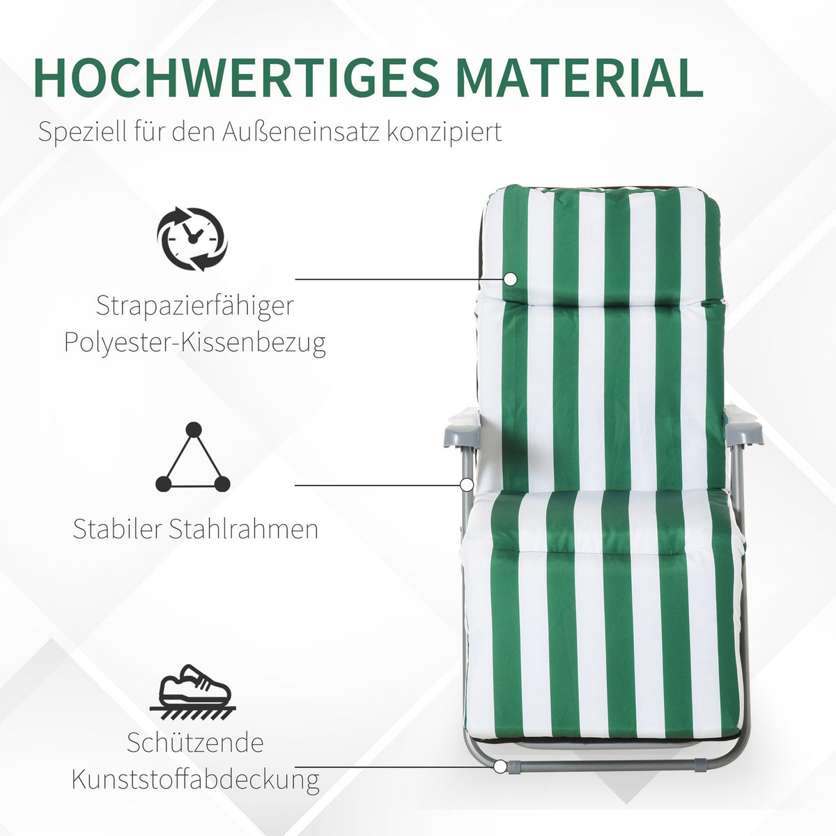 2 X Folding Chairs Garden Chair Sun Lounger Armrest Foldable 5 Positions Cushion Green + White 60 X 75 X 102 Cm