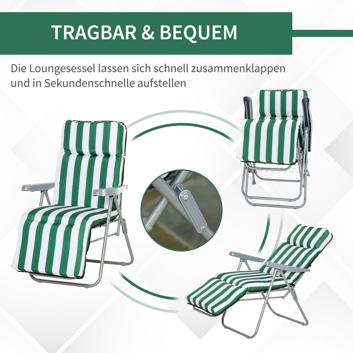 2 X Folding Chairs Garden Chair Sun Lounger Armrest Foldable 5 Positions Cushion Green + White 60 X 75 X 102 Cm