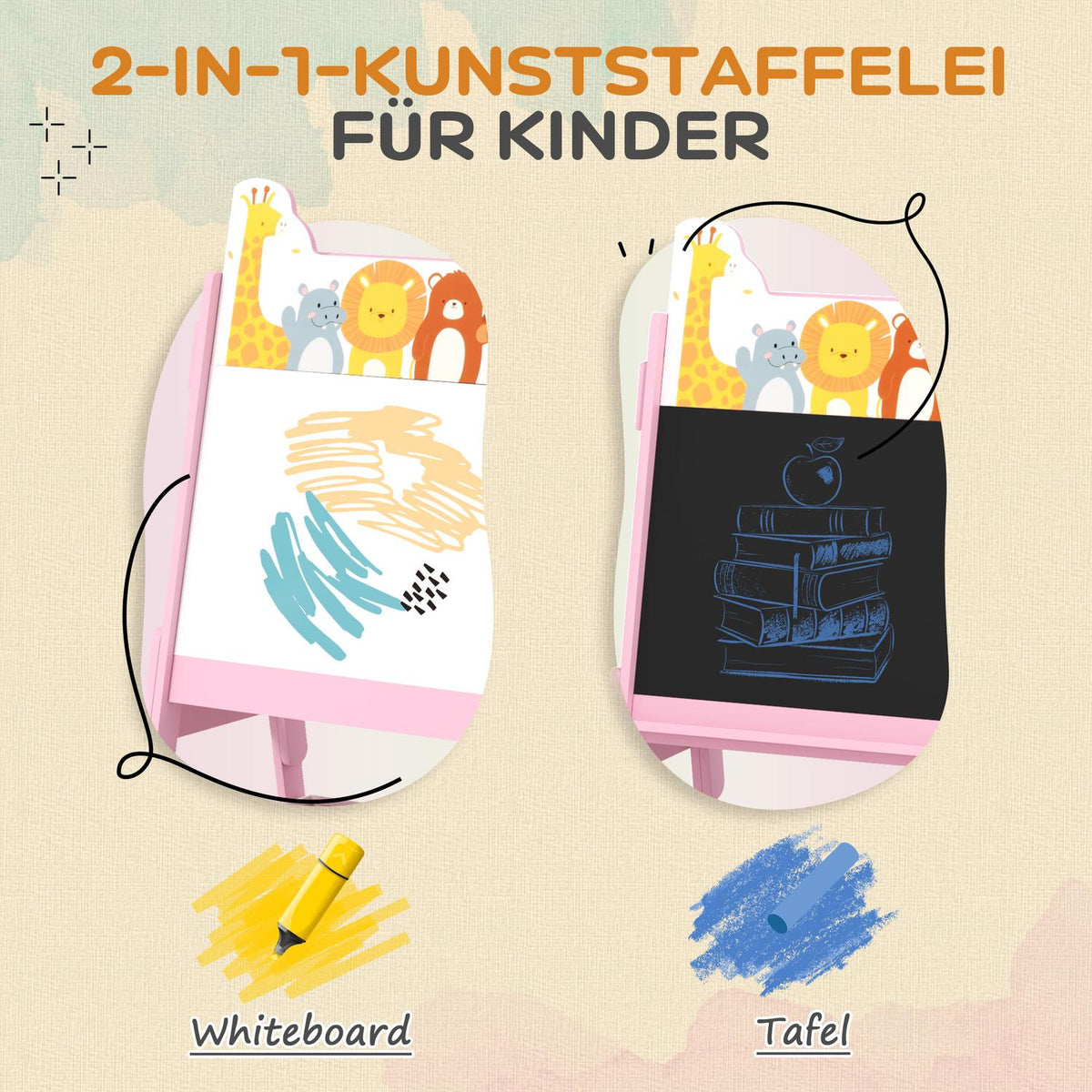 2-in-1 Children's Blackboard, Double-Sided Children's Easel, Easel with Chalkboard, Whiteboard, Storage Boxes, for Children 3-8 Years, Pink