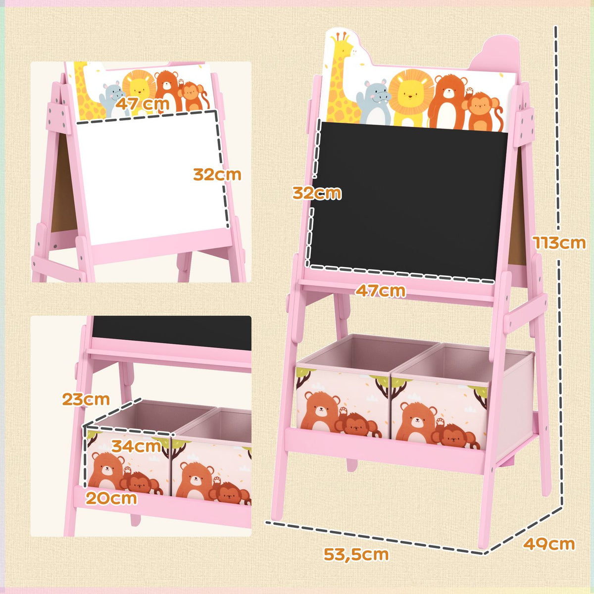 2-in-1 Children's Blackboard, Double-Sided Children's Easel, Easel with Chalkboard, Whiteboard, Storage Boxes, for Children 3-8 Years, Pink
