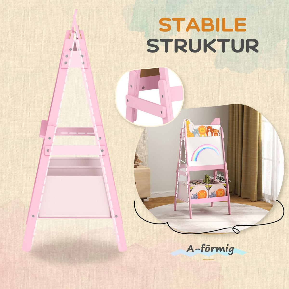 2-in-1 Children's Blackboard, Double-Sided Children's Easel, Easel with Chalkboard, Whiteboard, Storage Boxes, for Children 3-8 Years, Pink