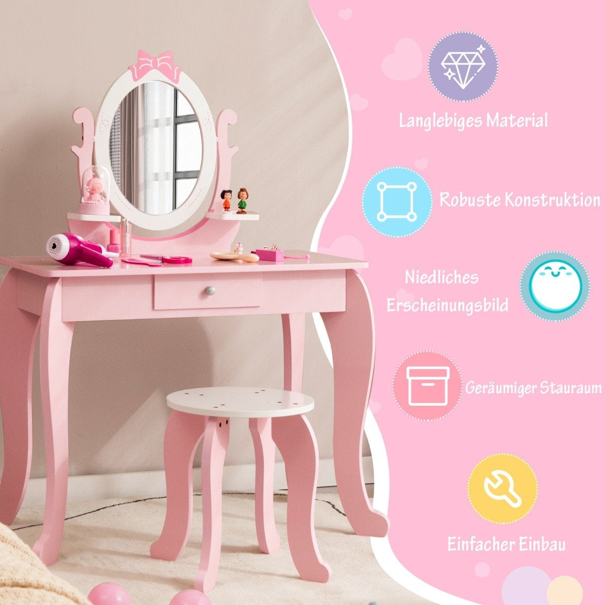 2-in-1 Children's Wooden Dressing Table Set with Stool for Children Ages 3-7 Pink + White