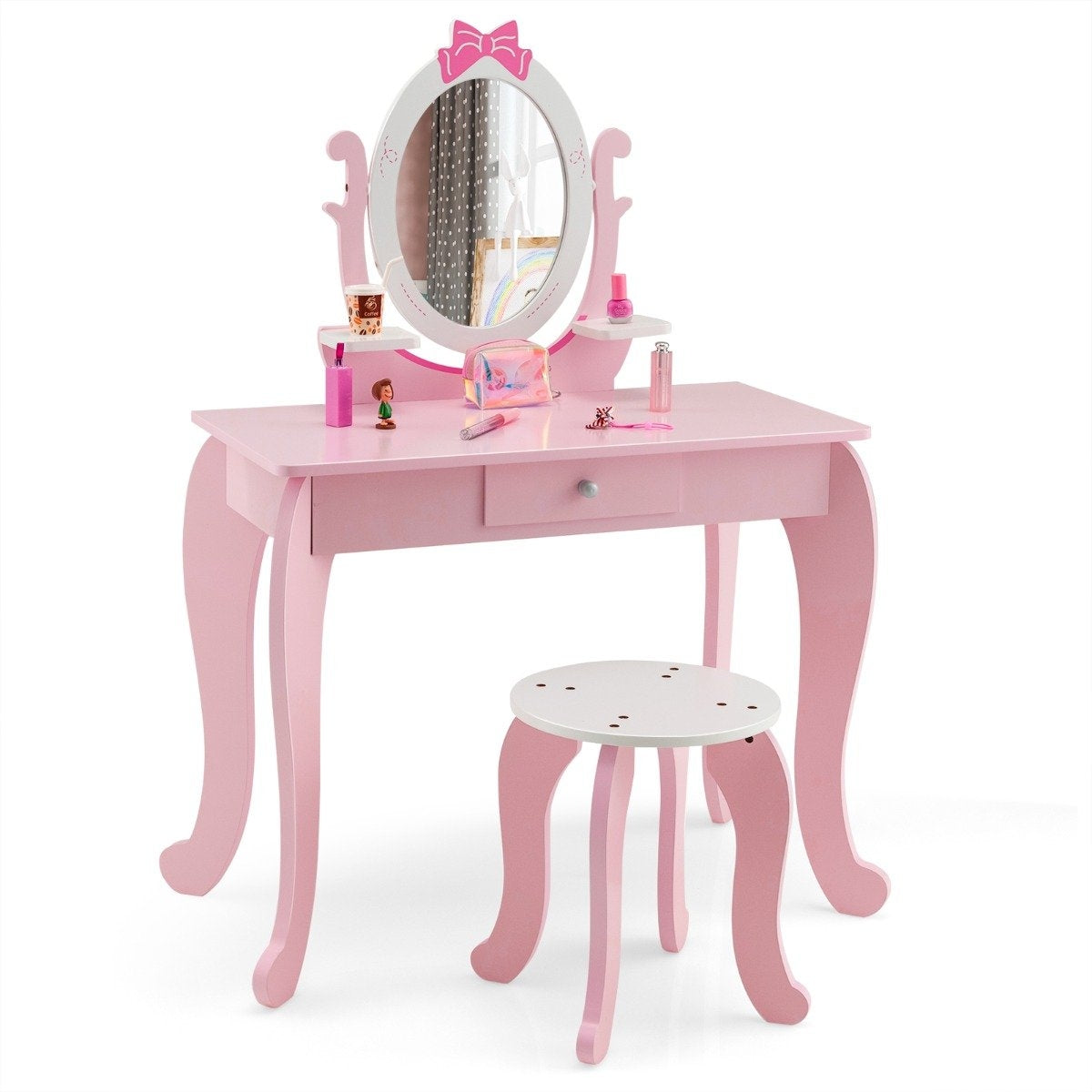 2-in-1 Children's Wooden Dressing Table Set with Stool for Children Ages 3-7 Pink + White