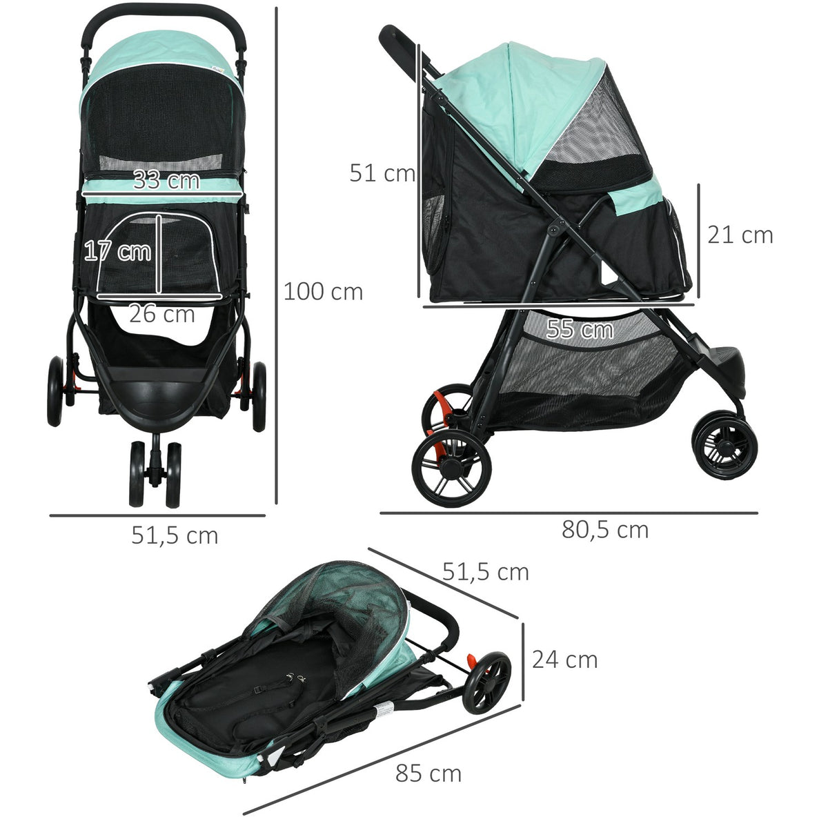 2 in 1 Dog Cart Dog Buggy with Rain Cover Foldable for Dogs & Cats up to 10 kg Cat Buggy with Cushion Mesh Windows Doors Storage Basket Cat Cart Buggy Green