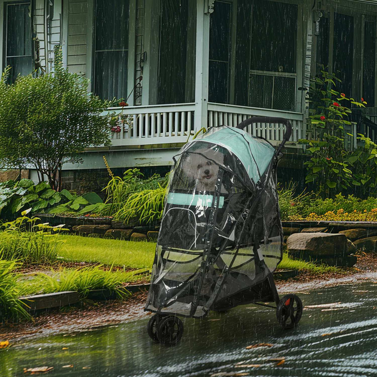 2 in 1 Dog Cart Dog Buggy with Rain Cover Foldable for Dogs & Cats up to 10 kg Cat Buggy with Cushion Mesh Windows Doors Storage Basket Cat Cart Buggy Green