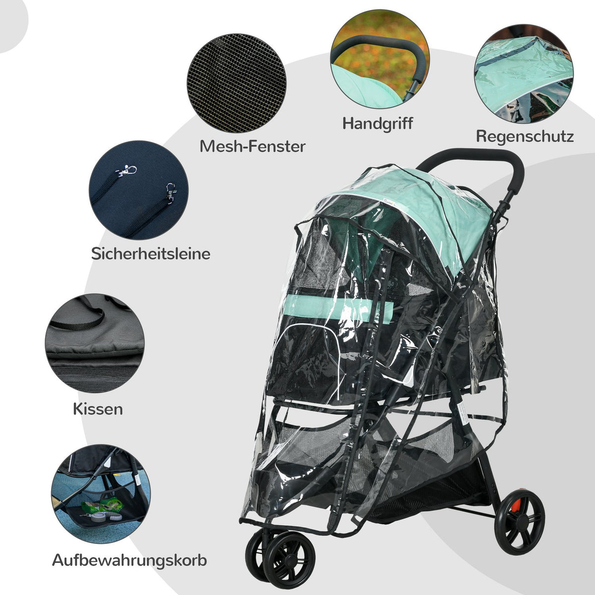 2 in 1 Dog Cart Dog Buggy with Rain Cover Foldable for Dogs & Cats up to 10 kg Cat Buggy with Cushion Mesh Windows Doors Storage Basket Cat Cart Buggy Green