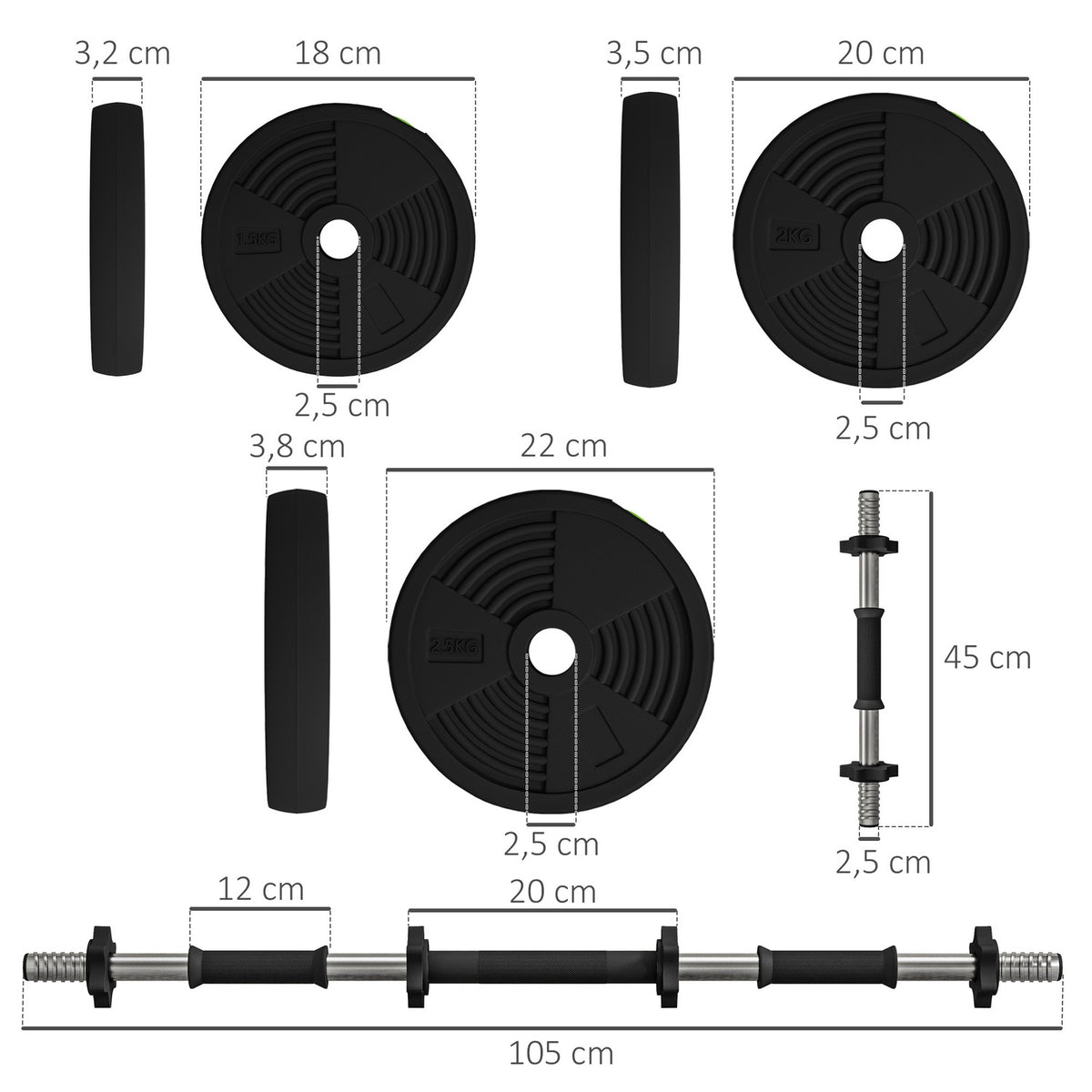 2-in-1 Dumbbell Set, Adjustable 25 kg, Non-Slip, Black/Green