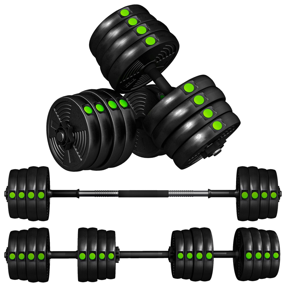 2-in-1 Dumbbell Set, Adjustable 30 kg, Non-Slip, Black/Green